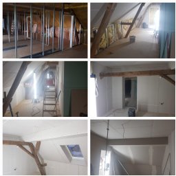 Firma ogólnobudowlana Mirosław - Adaptacja poddasza: montaż ścianek działowych z płyt gipsowo-kartonowych na metalowej konstrukcji, widoczne ocieplenie wełną mineralną, okno dachowe.