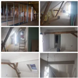 Adaptacja poddasza: montaż ścianek działowych z płyt gipsowo-kartonowych na metalowej konstrukcji, widoczne ocieplenie wełną mineralną, okno dachowe.