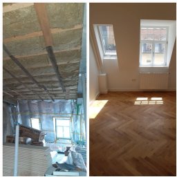 Firma ogólnobudowlana Mirosław - Porównanie: poddasze przed ociepleniem (wełna mineralna, folia) i po wykończeniu (parkiet, okna dachowe, grzejnik).