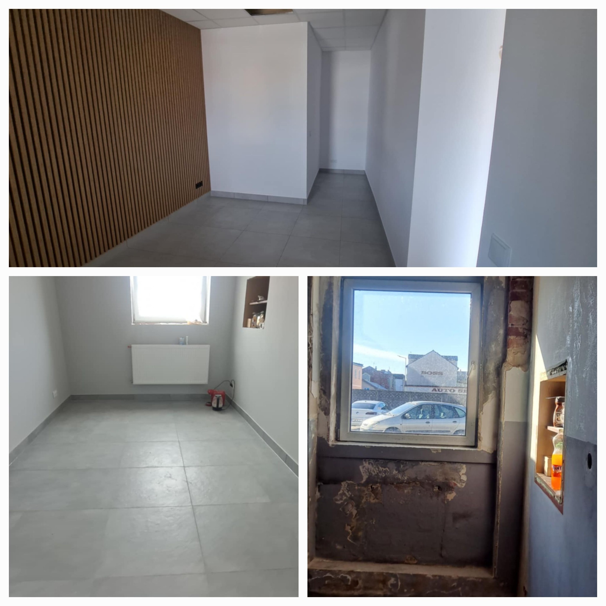 Kompozycja trzech kadrów: ściana z lamelami, pokój z grzejnikiem i okno przed remontem. Ukazane etapy prac wykończeniowych w różnych pomieszczeniach.