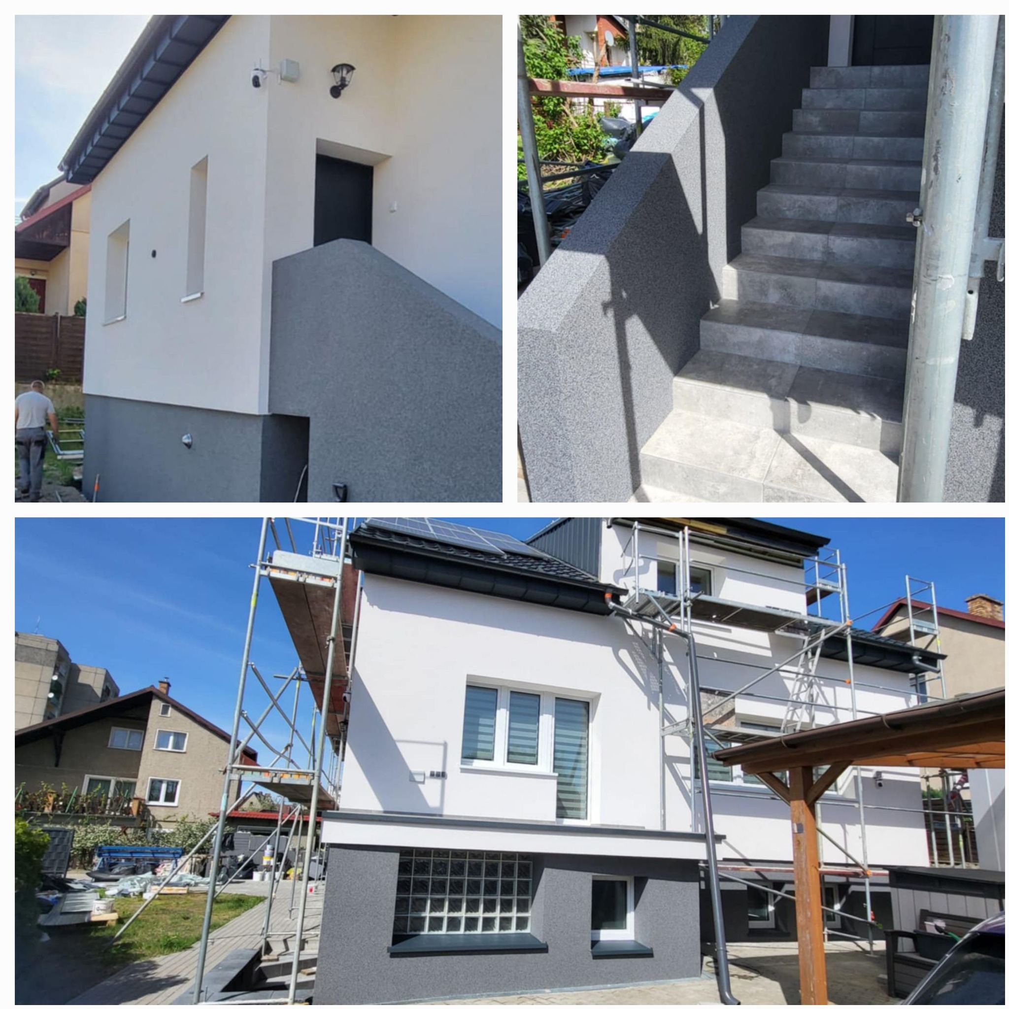 Dwukolorowa elewacja domu z białymi ścianami i szarym cokołem oraz schodami. Widoczne rusztowania sugerują prace wykończeniowe.