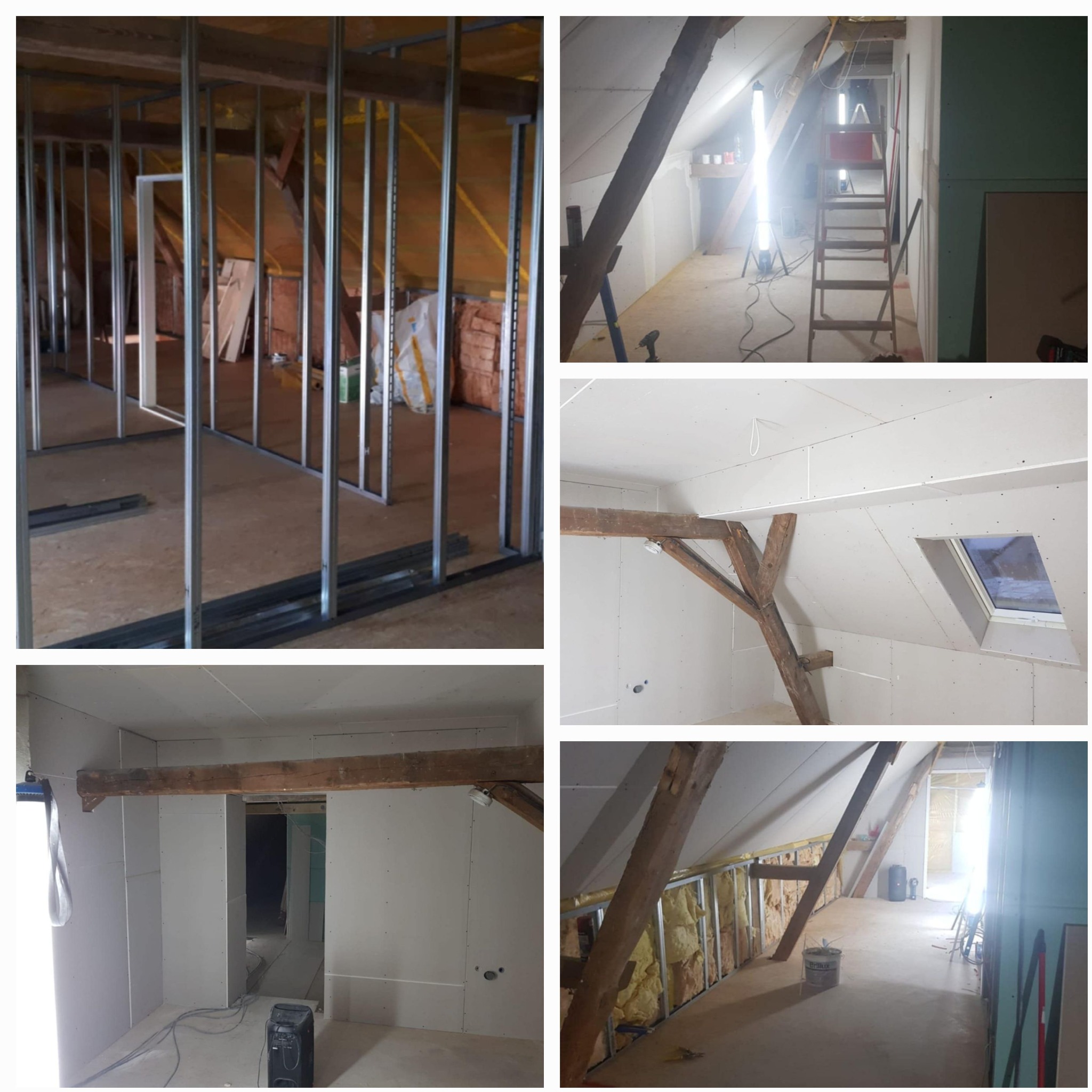 Adaptacja poddasza: montaż ścianek działowych z płyt g-k na metalowym stelażu, widoczne ocieplenie wełną mineralną, okno dachowe, drewniane belki stropowe w skosach.