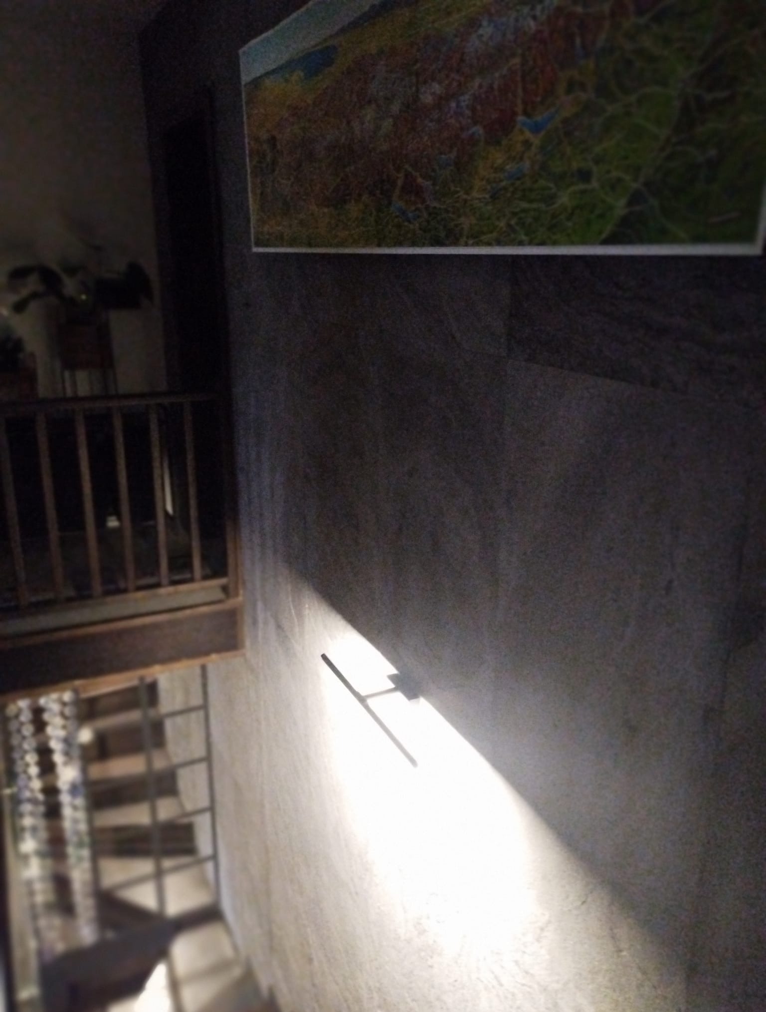 Wnętrze z obrazem na ścianie, oświetlone lampą. Widoczna balustrada i schody. Całość utrzymana w ciemnej tonacji, z efektem światłocienia.