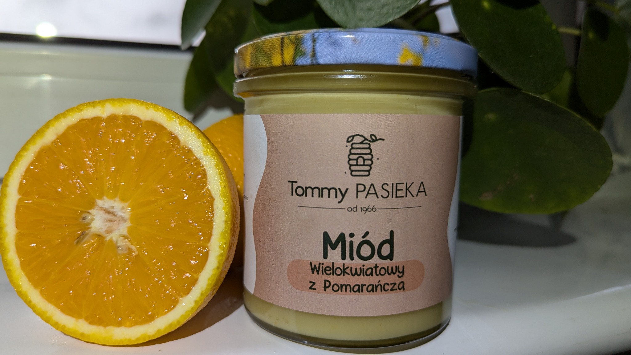 Słoik wielokwiatowego nektaru pomarańczowego Tommy Pasieka obok przekrojonej pomarańczy, na tle zielonej rośliny. Naturalne światło.