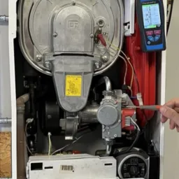 Serwis pieca gazowego: technik reguluje ustawienia, używając śrubokręta i analizatora spalin BlueLyzer STx. Widoczne elementy pieca i panel sterowania.