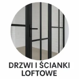 Metalowa ścianka loftowa z czarnymi szprosami i uchwytem, widoczna na tle białej cegły, ujęta w okrągłym kadrze. Element aranżacji wnętrza w stylu industrialnym.
