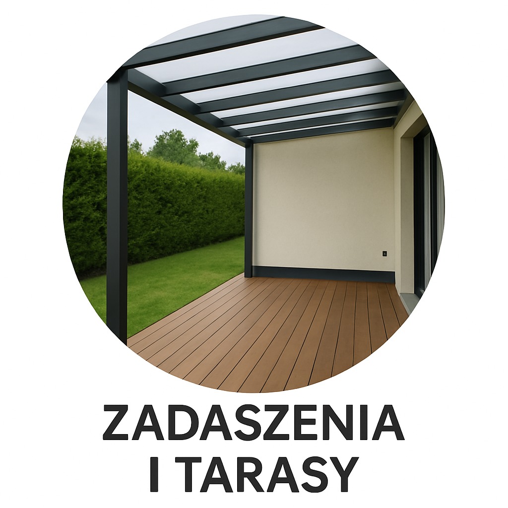 Nowoczesny taras z kompozytową deską w kolorze drewna i minimalistyczną pergolą z ciemnymi elementami konstrukcyjnymi, otoczony zielenią.