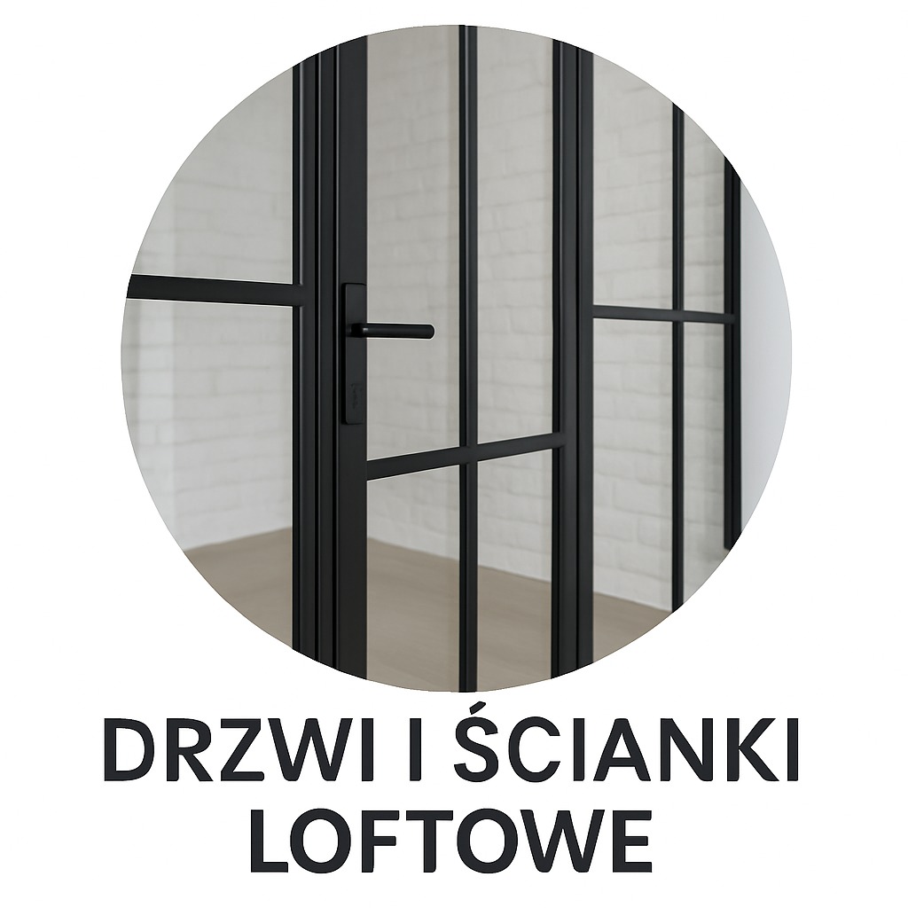 Metalowa ścianka loftowa z czarnymi szprosami i uchwytem, widoczna na tle białej cegły, ujęta w okrągłym kadrze. Element aranżacji wnętrza w stylu industrialnym.