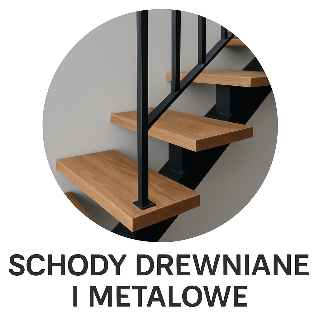 Minimalistyczne schody z drewnianymi stopniami i czarną, metalową balustradą, ujęte w okrągłej ramie na szarym tle. Widok z dołu, skupiony na trzech stopniach.