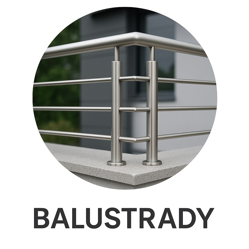 Nowoczesna, metalowa balustrada balkonowa ze stali nierdzewnej, z poziomymi prętami i geometrycznymi wspornikami, na tle szarego budynku i zieleni, ujęta w okrągłym kadrze.