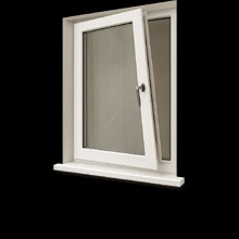 Białe okno PCV, częściowo otwarte, na czarnym tle. Widoczny profil okienny i klamka. Okno zamontowane w ścianie.