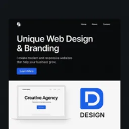Nowoczesny design strony internetowej i identyfikacji wizualnej. Laptop z otwartą stroną 'Creative Agency' oraz logo 'D Design' na jasnym tle.