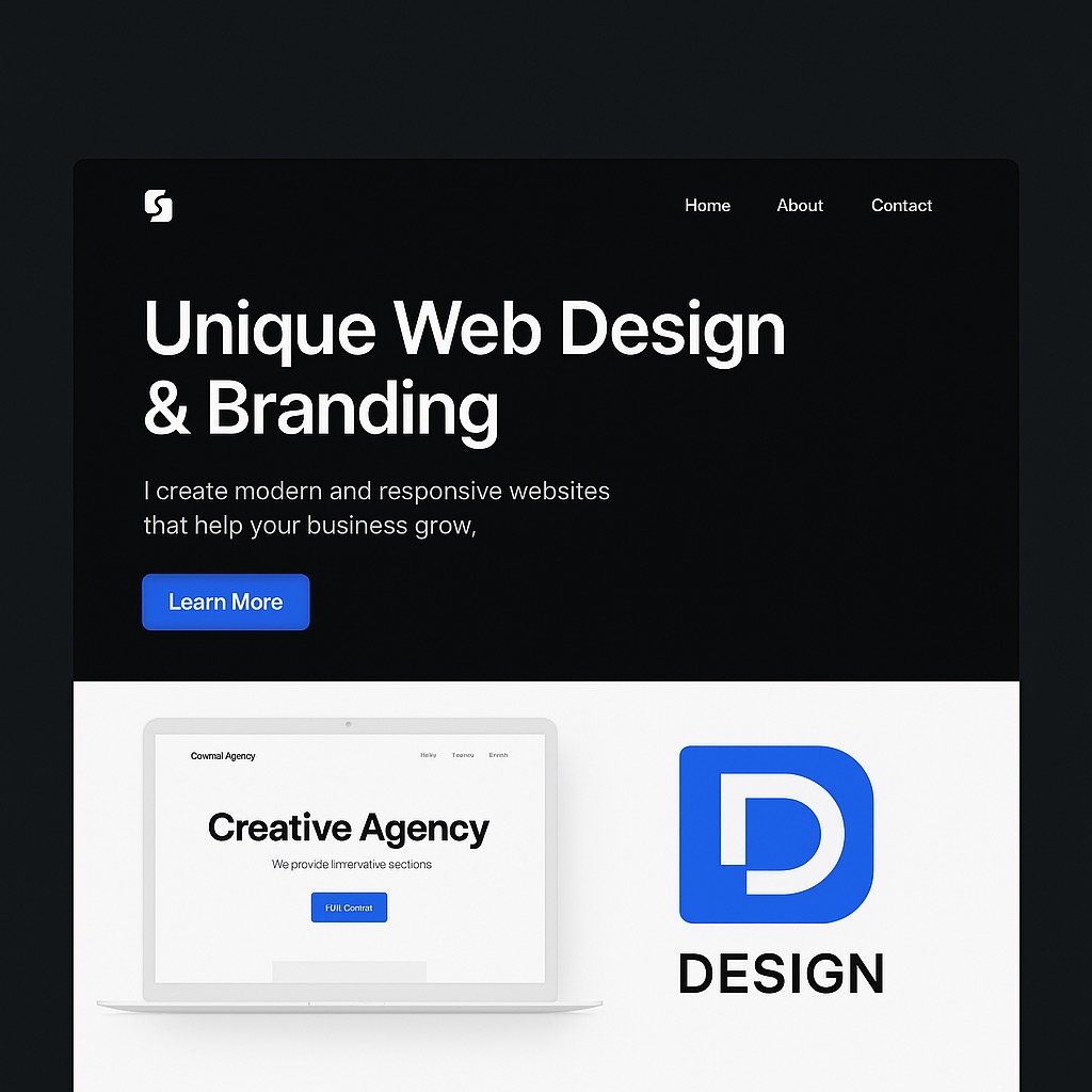 Nowoczesny design strony internetowej i identyfikacji wizualnej. Laptop z otwartą stroną 'Creative Agency' oraz logo 'D Design' na jasnym tle.
