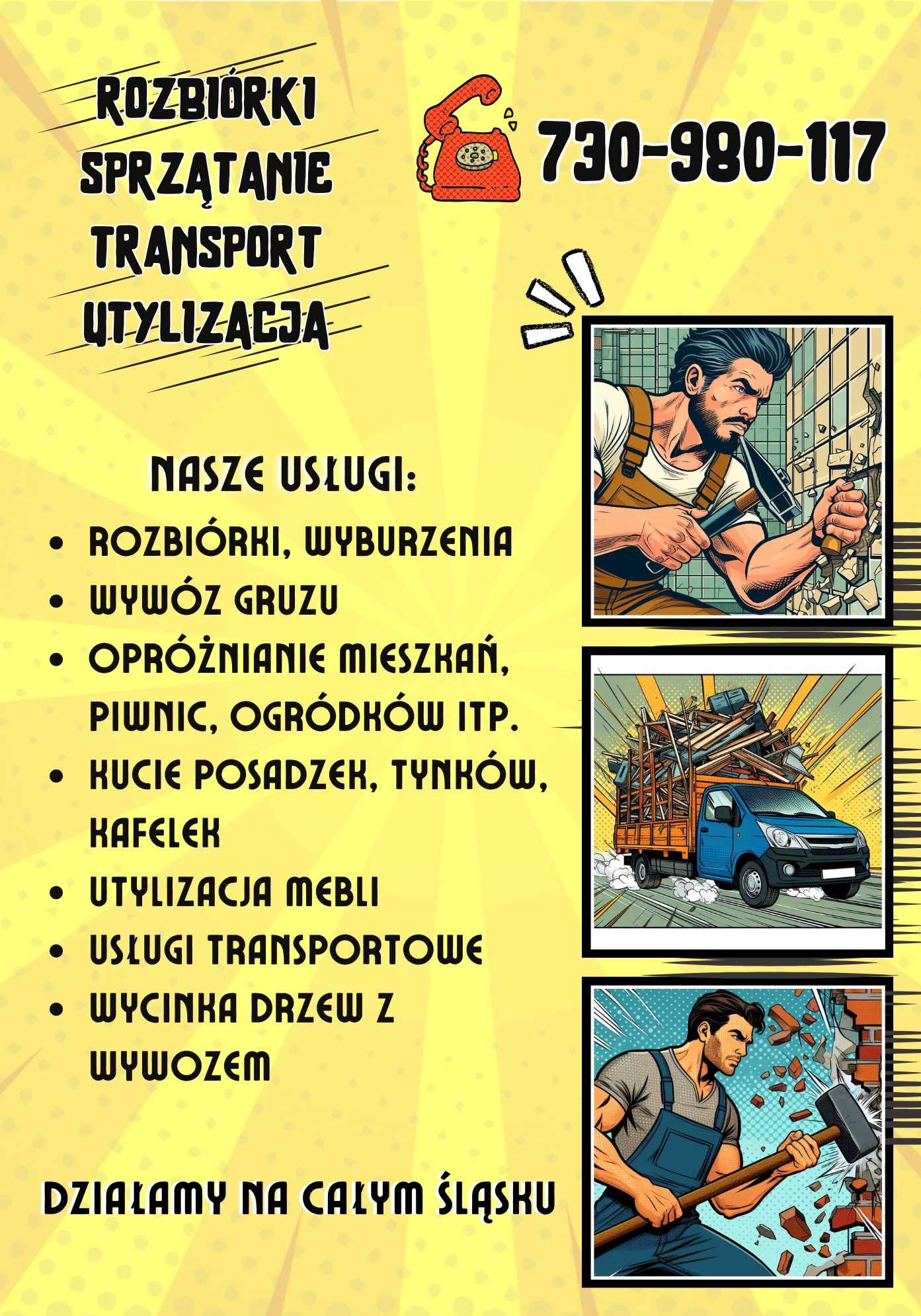 Grafika w stylu komiksowym: rozbiórki, transport, utylizacja. Murarz z młotem, wywóz gruzu. Numer telefonu i obszar działania: Śląsk. Usługi rozbiórkowe i wyburzeniowe.