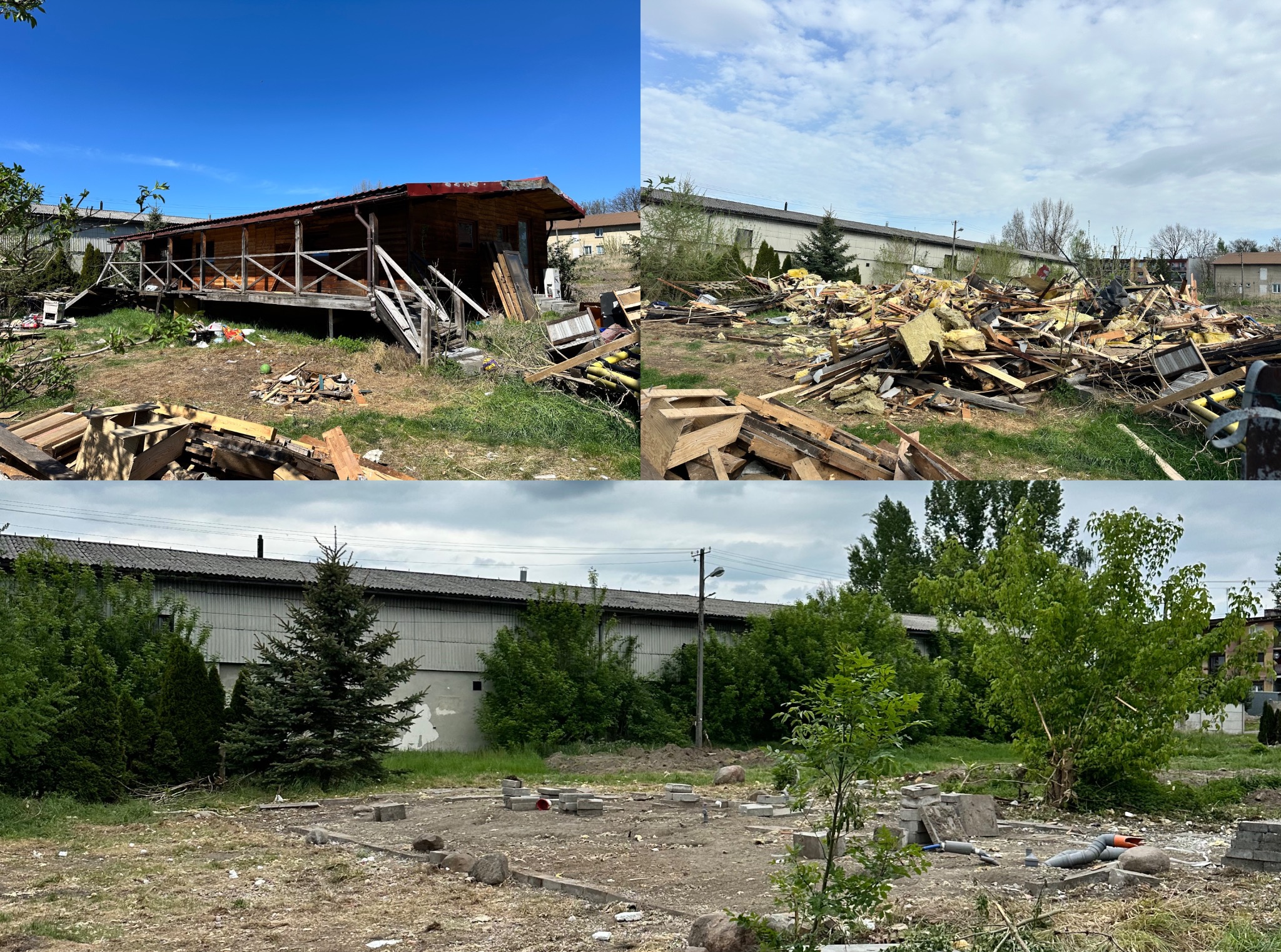 Trzy kadry: drewniany dom przed rozbiórką, sterta gruzu po rozbiórce, fundament po wyburzeniu, z widocznymi elementami instalacji.