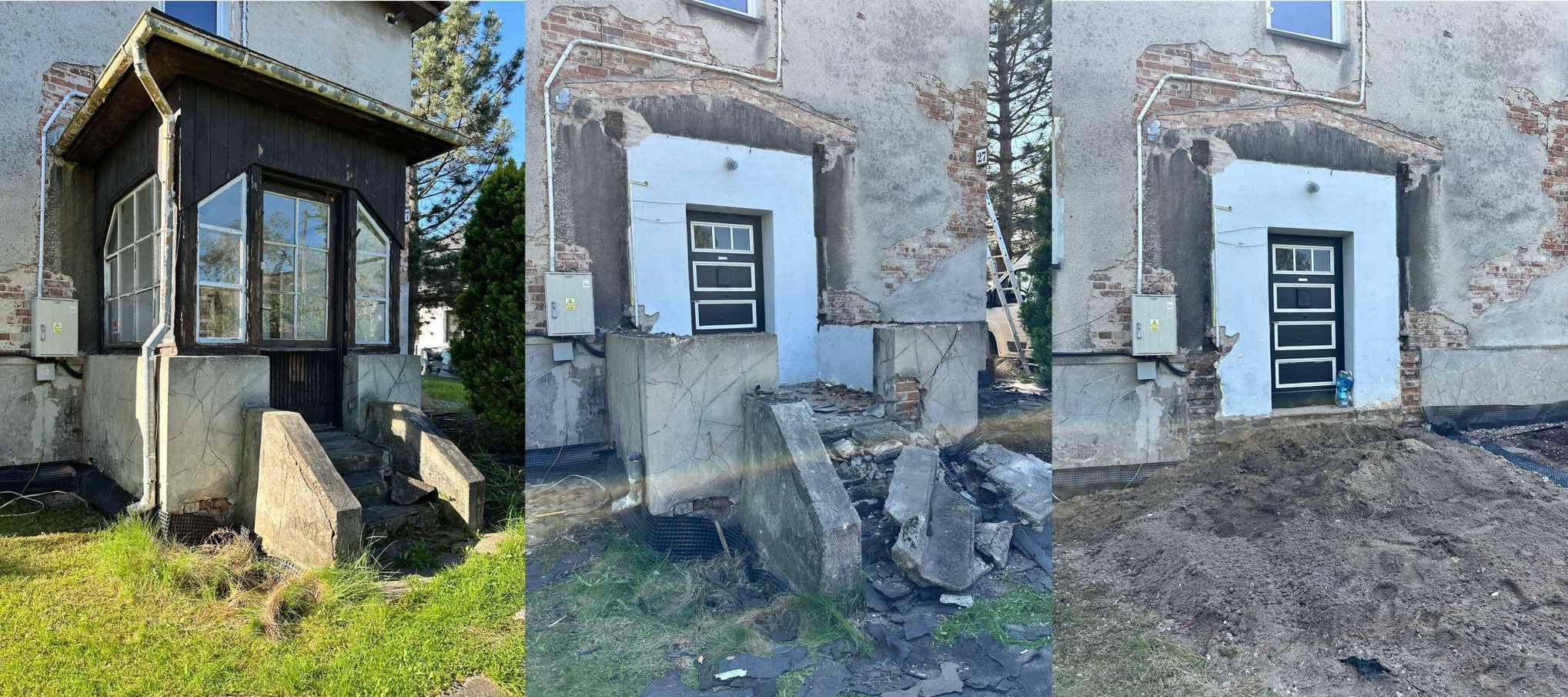 Trzy etapy rozbiórki: weranda z oknami, wejście z drzwiami i gruzem, oraz wyrównany teren z nowymi drzwiami. Widoczne uszkodzenia muru i instalacje elektryczne.