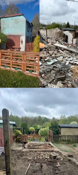 Demontaż domu: po lewej budynek przed rozbiórką, po prawej gruzowisko. Na dole teren po wyburzeniu z widocznymi narzędziami.