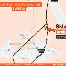Mapa dojazdu do składu materiałów budowlanych i węgla 'Skład Kmieć' w Partynii 39. Numer telefonu: 530 830 970. Widoczne ulice, punkty orientacyjne i logo firmy.