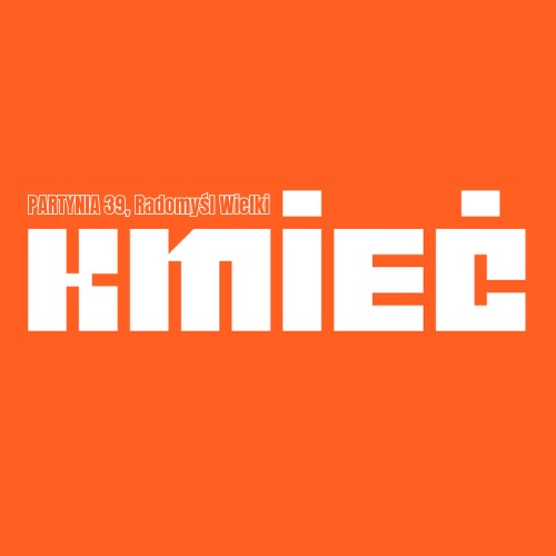 Pomarańczowe tło z białym logo firmy 'KMIEC' i adresem PARTYNIA 39, Radomyśl Wielki.
