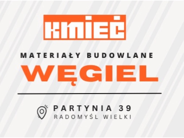 Logo firmy KMIEĆ, oferującej materiały budowlane i węgiel. Pomarańczowy napis 'WĘGIEL' na jasnym tle z adresem Partynia 39, Radomyśl Wielki.