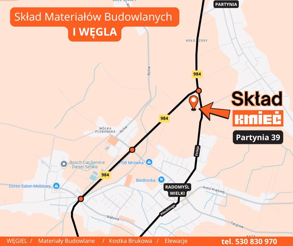 Mapa dojazdu do składu materiałów budowlanych i węgla 'Skład Kmieć' w Partynii 39. Numer telefonu: 530 830 970. Widoczne ulice, punkty orientacyjne i logo firmy.