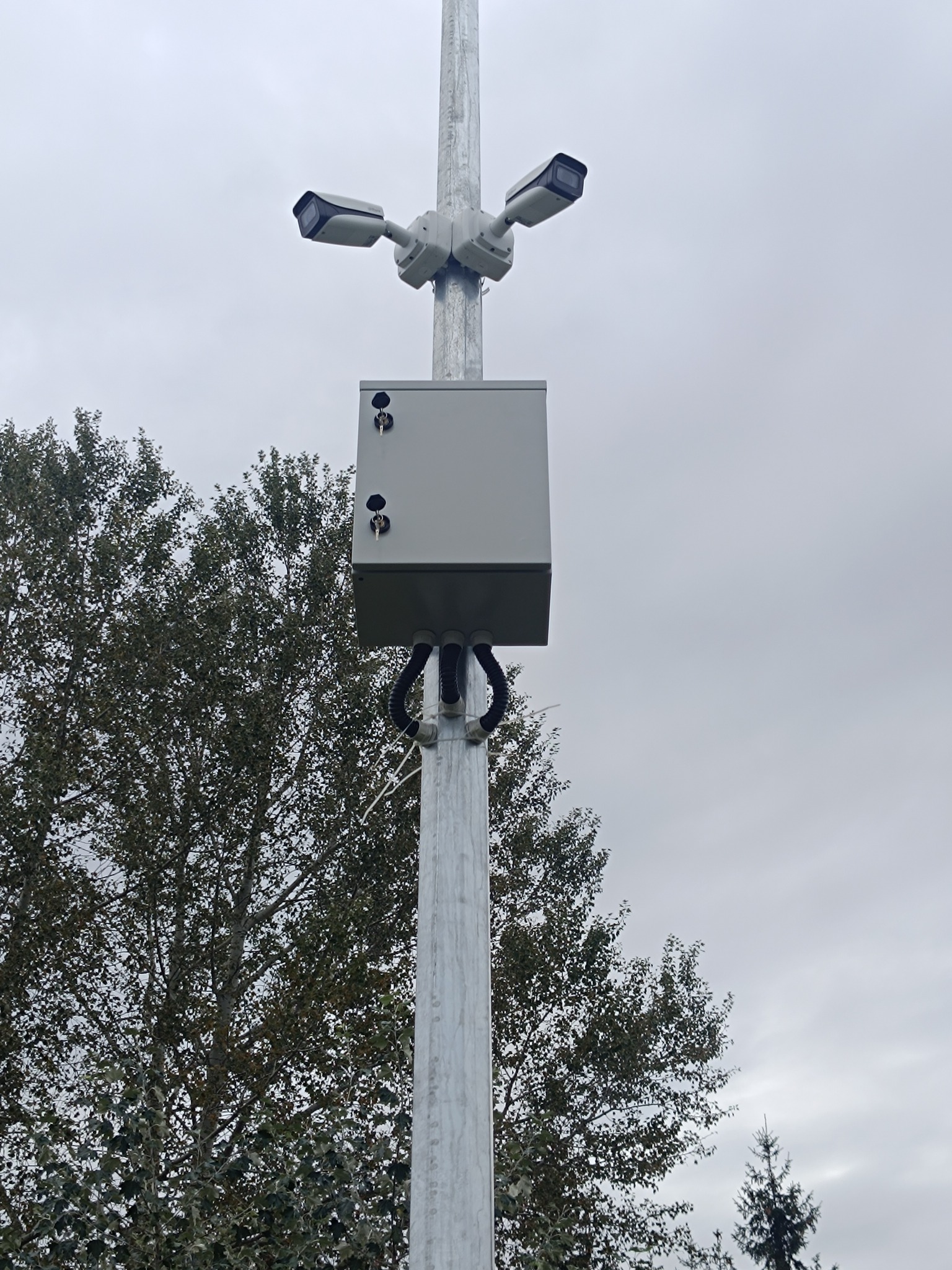 Słup z zamontowanymi kamerami monitoringu i szarą skrzynką, otoczony drzewami na tle pochmurnego nieba. Widoczne cztery kamery skierowane w różne strony.