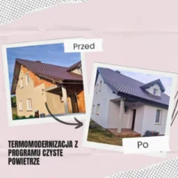 Termomodernizacja domu: widok przed ociepleniem (cegła) i po (biała elewacja), w ramach programu Czyste Powietrze. Zdjęcie w ramce na różowym tle.