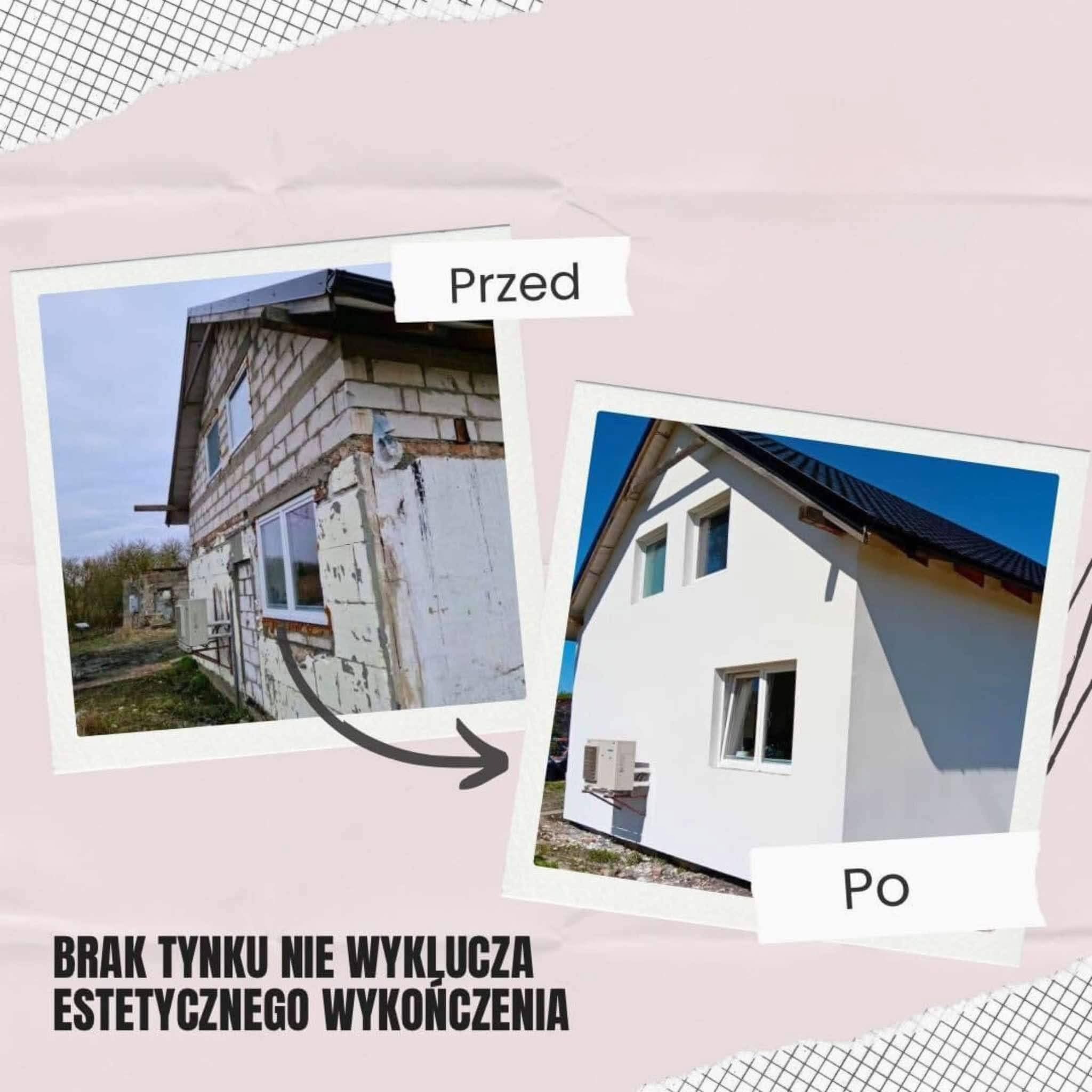 Dom przed i po remoncie elewacji: od surowej cegły do otynkowanej, białej fasady z nowymi oknami. Widoczny klimatyzator na ścianie. Efekt 'przed' i 'po'.