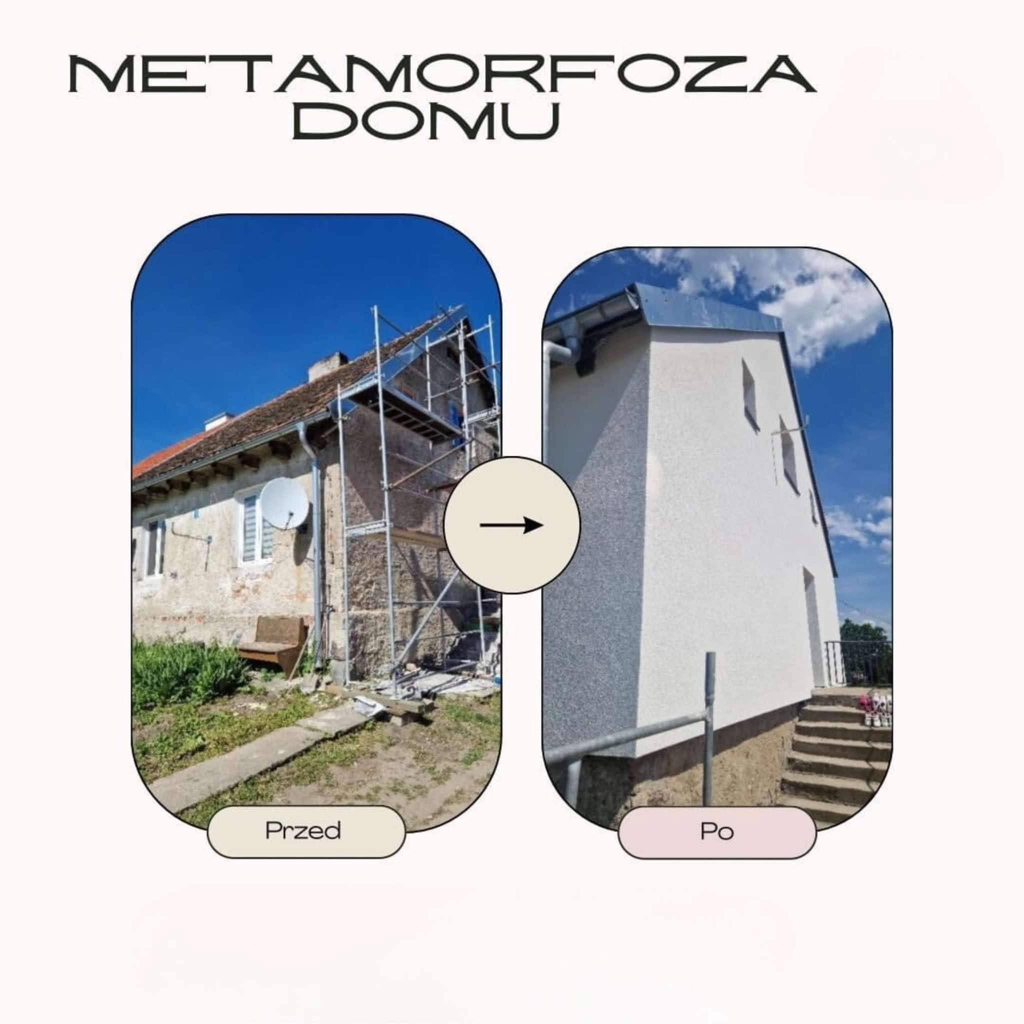 Metamorfoza domu: zestawienie przed i po remoncie elewacji. Na pierwszym planie budynek w trakcie prac, na drugim odnowiona, biała elewacja z nowym wykończeniem.