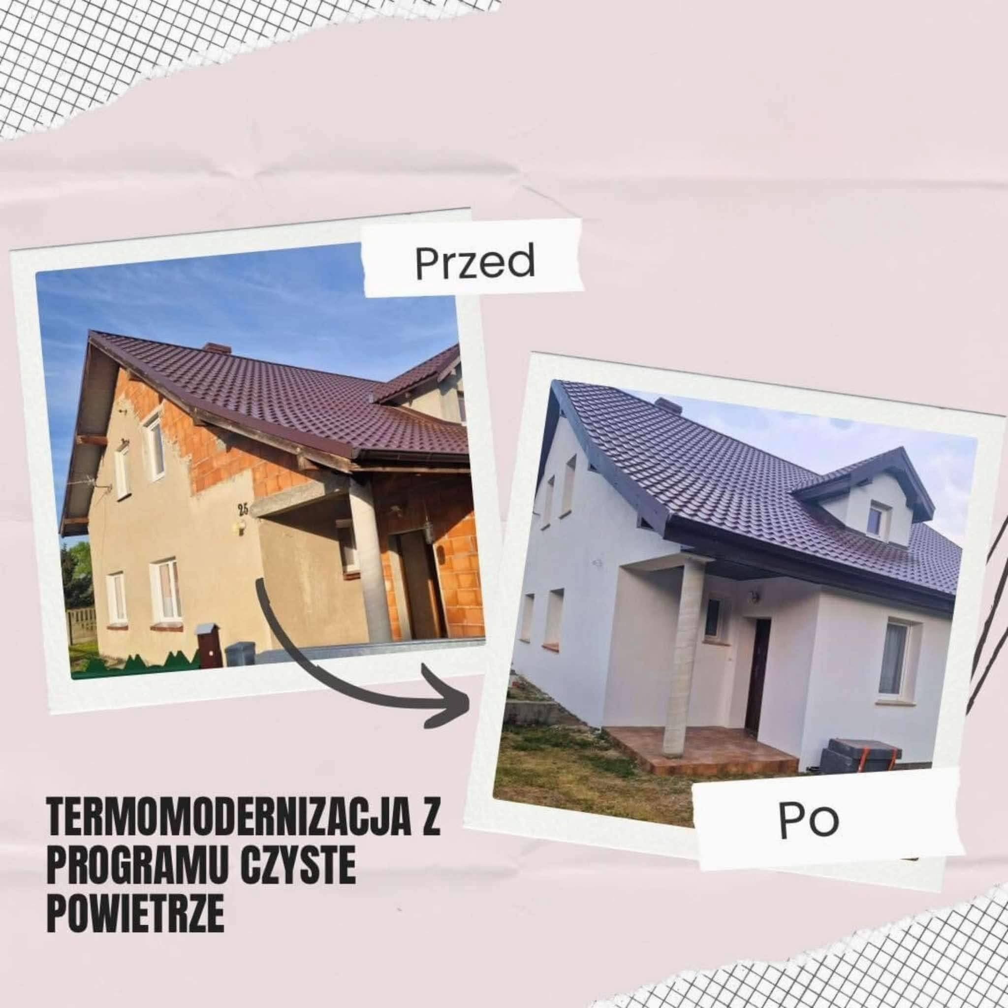 Termomodernizacja domu: widok przed ociepleniem (cegła) i po (biała elewacja), w ramach programu Czyste Powietrze. Zdjęcie w ramce na różowym tle.