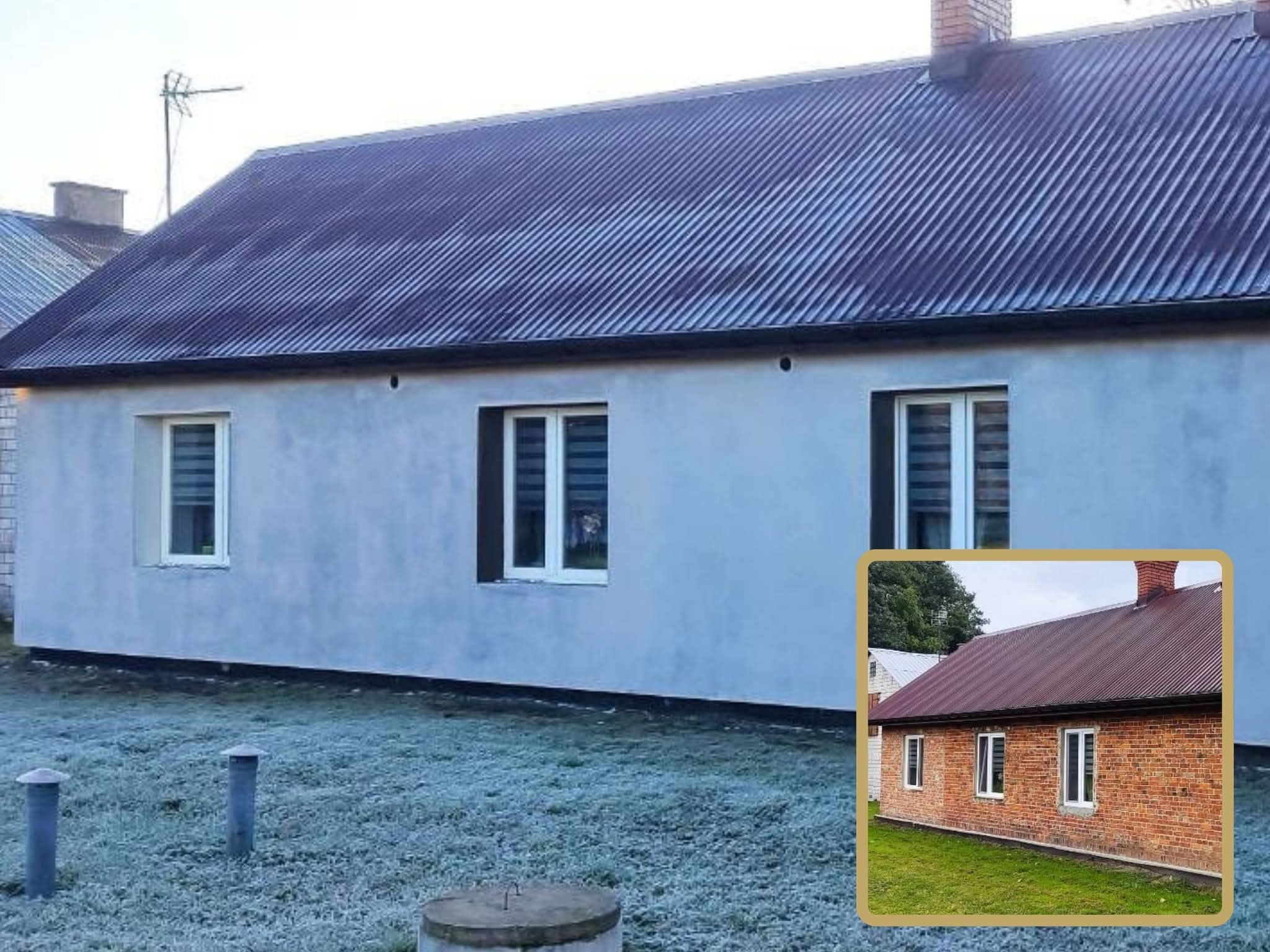 Dom z nowym, ciemnym dachem blaszanym i ocieploną elewacją. Na pierwszym planie zroszona trawa i studzienka. W prawym dolnym rogu wstawka ze zdjęciem przed remontem.