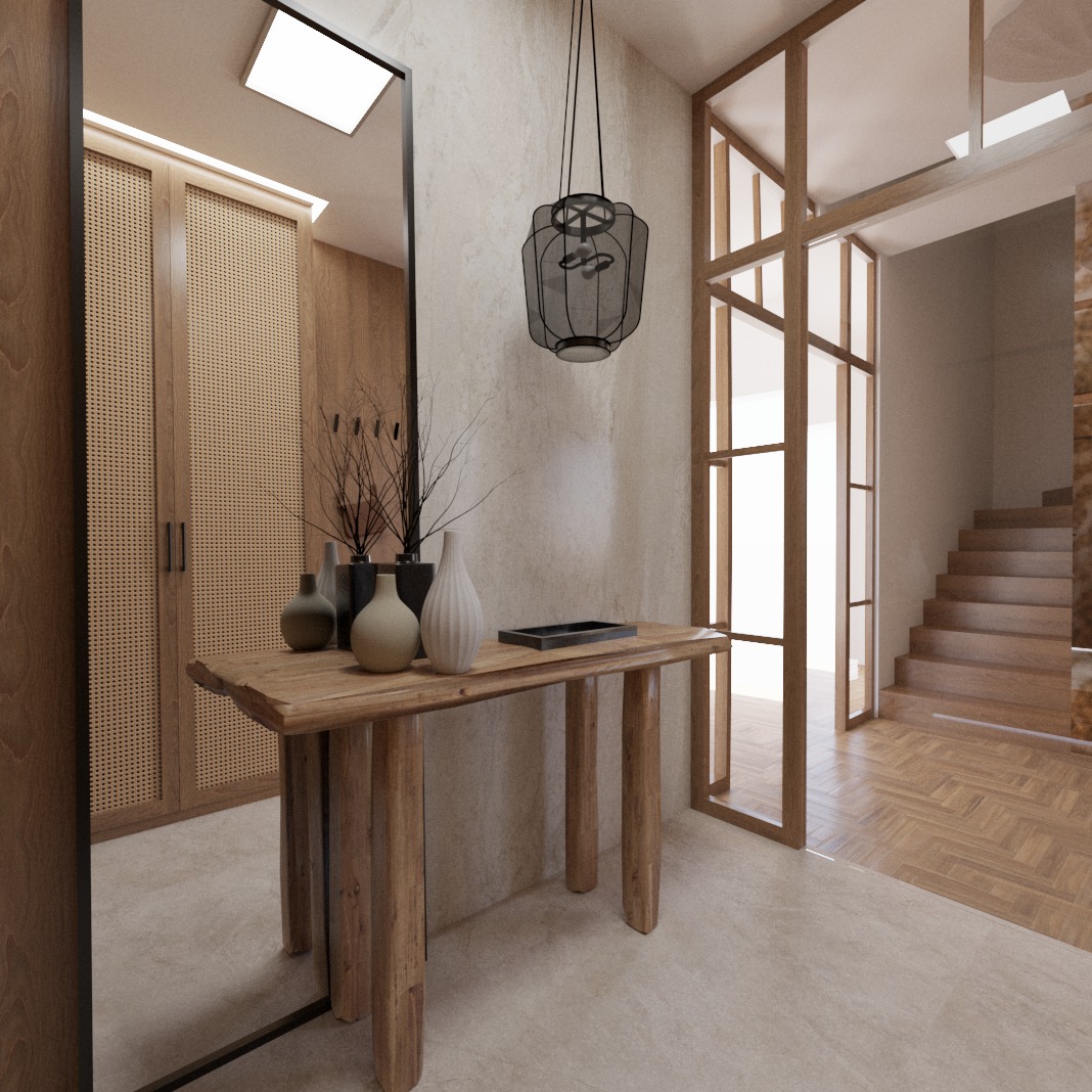 Nowoczesny hol z drewnianą konsolą, dekoracyjnymi wazonami i ażurową szafą w tle. Widoczna drewniana stolarka drzwiowa i schody.