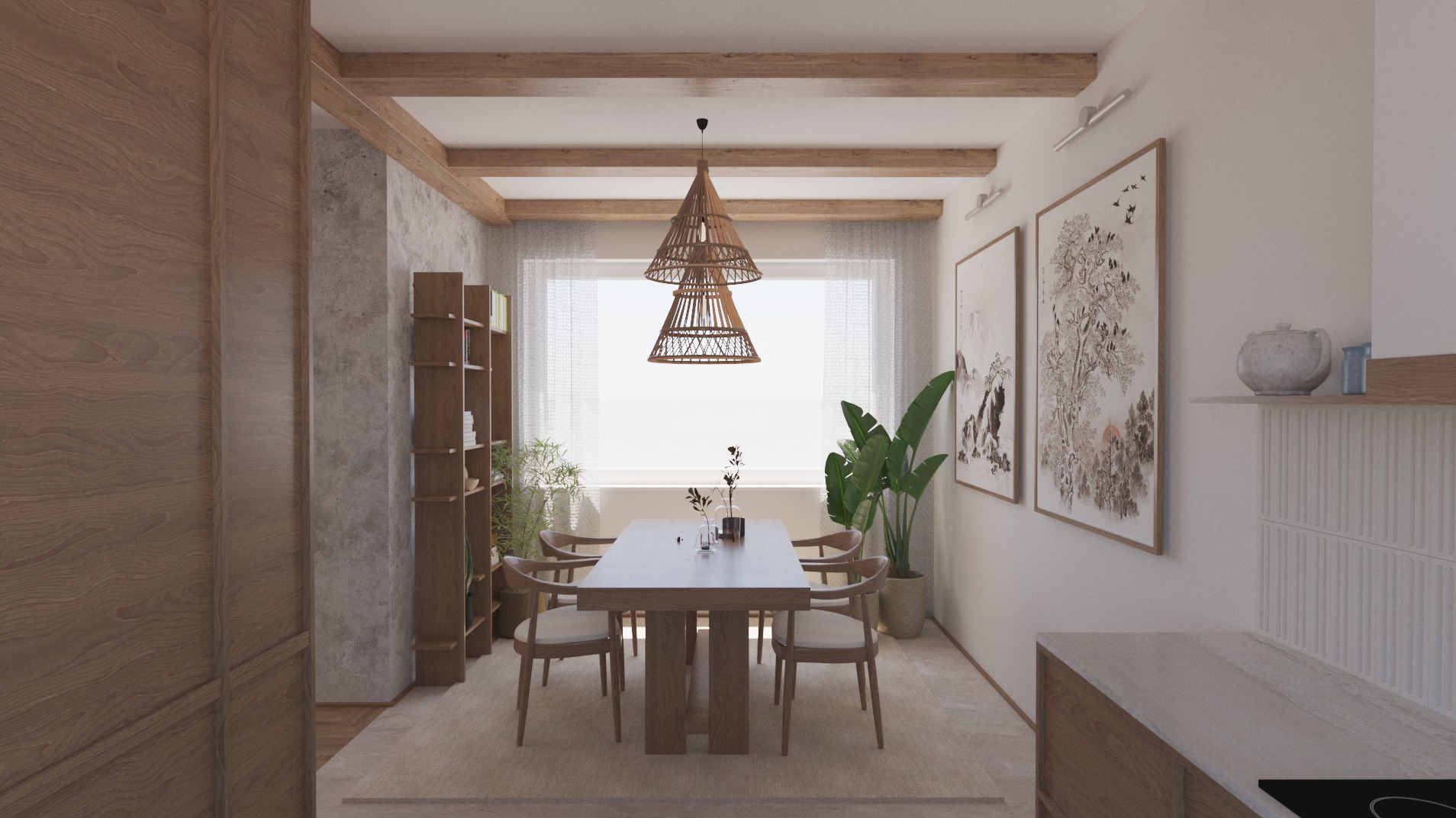 Jasna jadalnia w stylu boho: drewniane belki, rattanowy żyrandol, minimalistyczny stół z krzesłami, rośliny doniczkowe, grafiki na ścianie, subtelne oświetlenie.