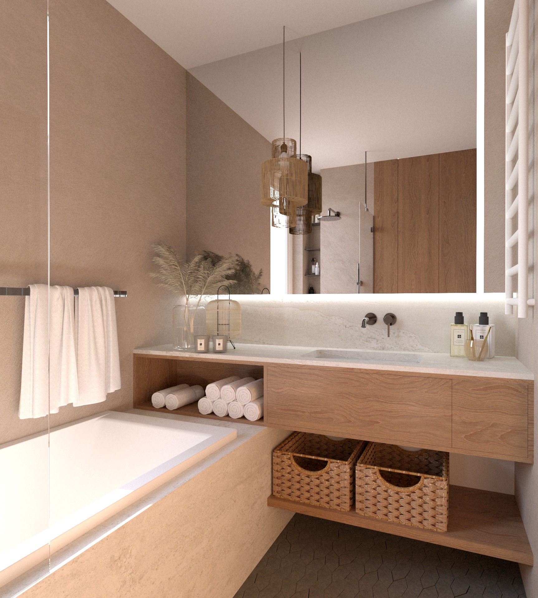 Beżowa łazienka w stylu boho z drewnianą zabudową umywalki, rattanowymi lampami i dekoracjami. Na blacie kosmetyki, obok ręczniki i koszyki.