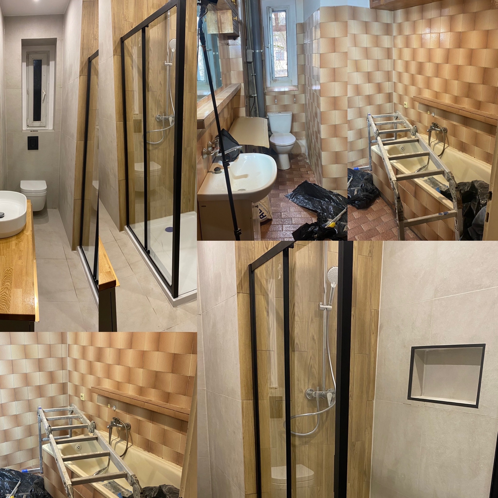 Remont łazienki: kolaż zdjęć przed i po. Widoczne nowe płytki, kabina prysznicowa z czarną ramą, umywalka z drewnianym blatem oraz stare płytki i drabina.