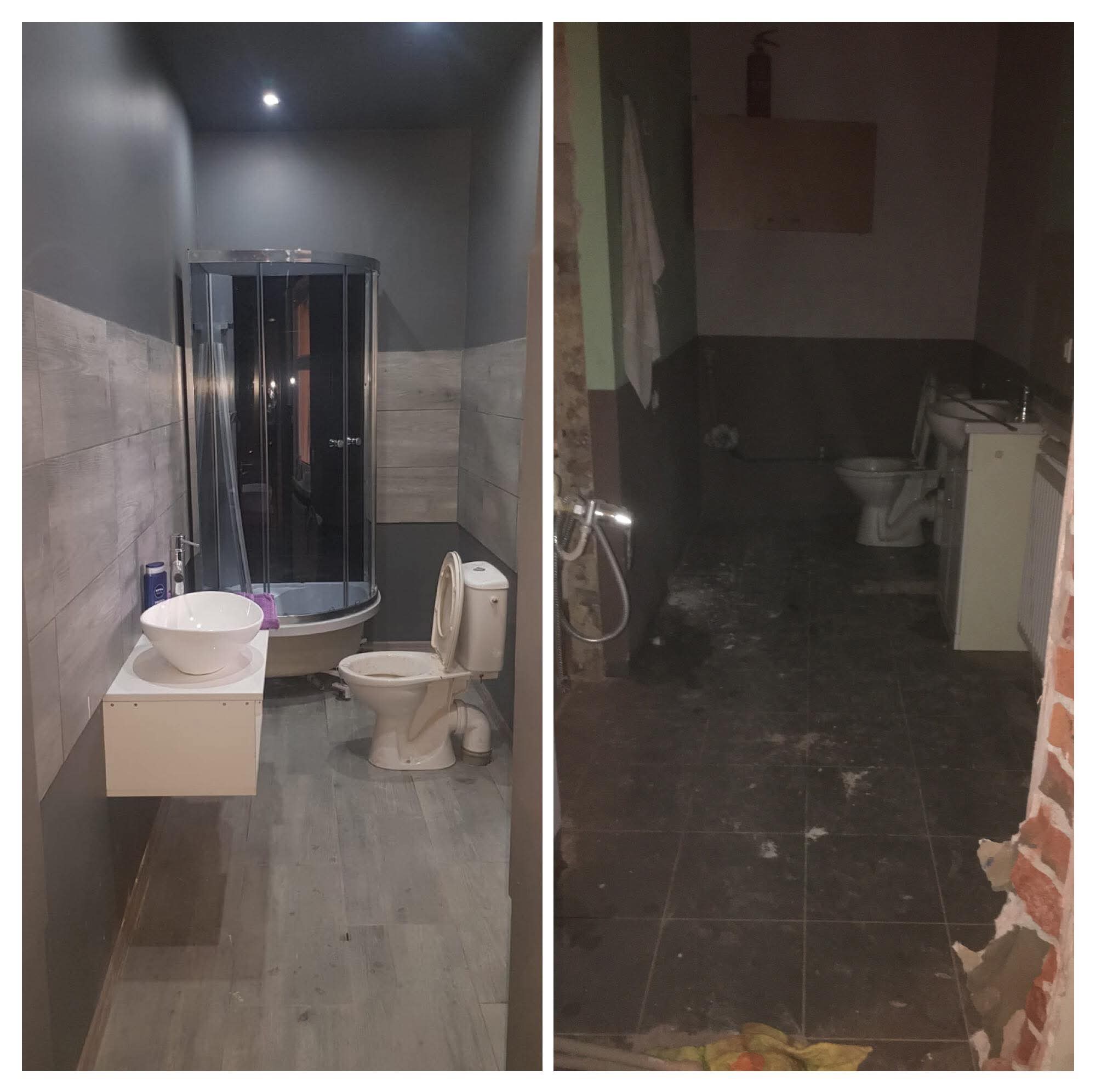 Zdjęcie 'przed i po' remontu łazienki. Po lewej odnowiona łazienka z kabiną prysznicową, umywalką i toaletą. Po prawej łazienka przed remontem, widoczne zniszczenia.