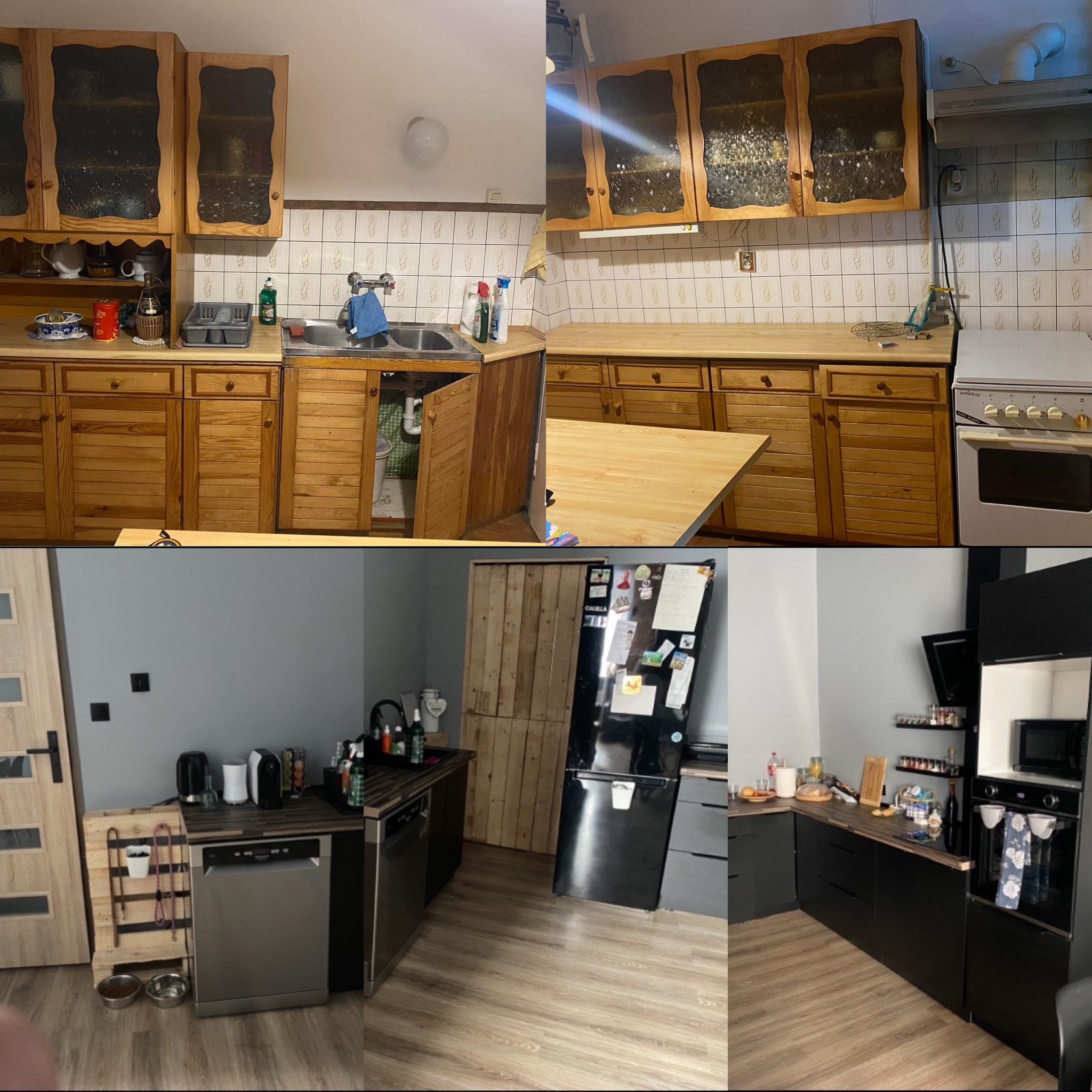 Kolaż prezentujący metamorfozę kuchni: od drewnianych mebli z lat 90. do nowoczesnej, czarno-szarej zabudowy z nowym sprzętem AGD i drewnianą podłogą.