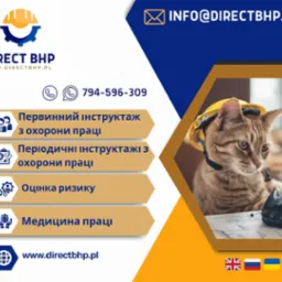 Reklama Direct BHP: kot w kasku, instruktaż z ochrony pracy, ocena ryzyka, medycyna pracy. Kontakt: info@directbhp.pl, 794-596-309, www.directbhp.pl.