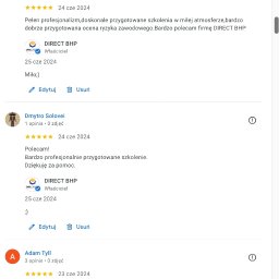 DIRECT BHP Aneta Hellberg (TELOMER) - Zrzut ekranu z opiniami Google o firmie DIRECT BHP, chwalący profesjonalizm szkoleń i ocenę ryzyka zawodowego. Widoczne oceny 5-gwiazdkowe i pozytywne komentarze klientów.