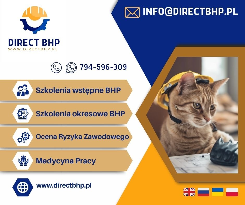 Grafika Direct BHP z kotem w kasku, oferująca szkolenia wstępne i okresowe BHP, ocenę ryzyka zawodowego oraz medycynę pracy. Numer telefonu i adres strony internetowej.