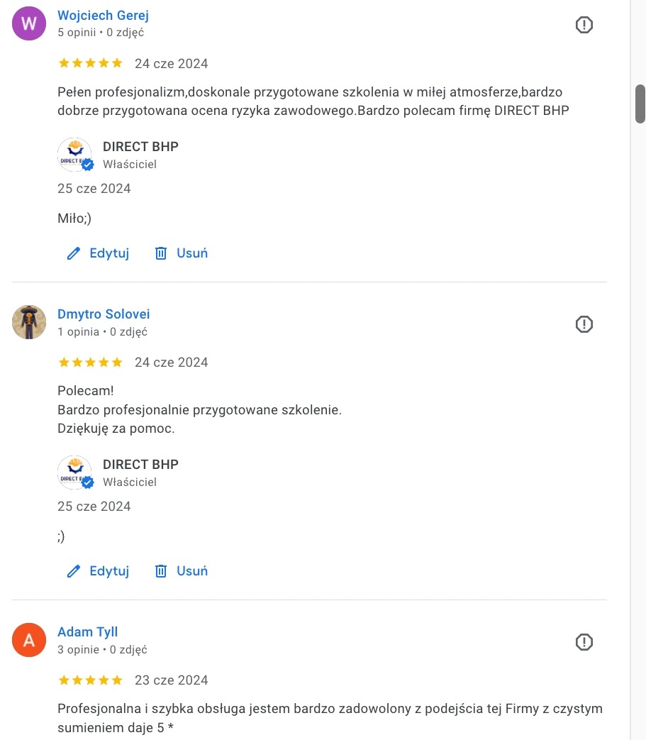 Zrzut ekranu z opiniami Google o firmie DIRECT BHP, chwalący profesjonalizm szkoleń i ocenę ryzyka zawodowego. Widoczne oceny 5-gwiazdkowe i pozytywne komentarze klientów.