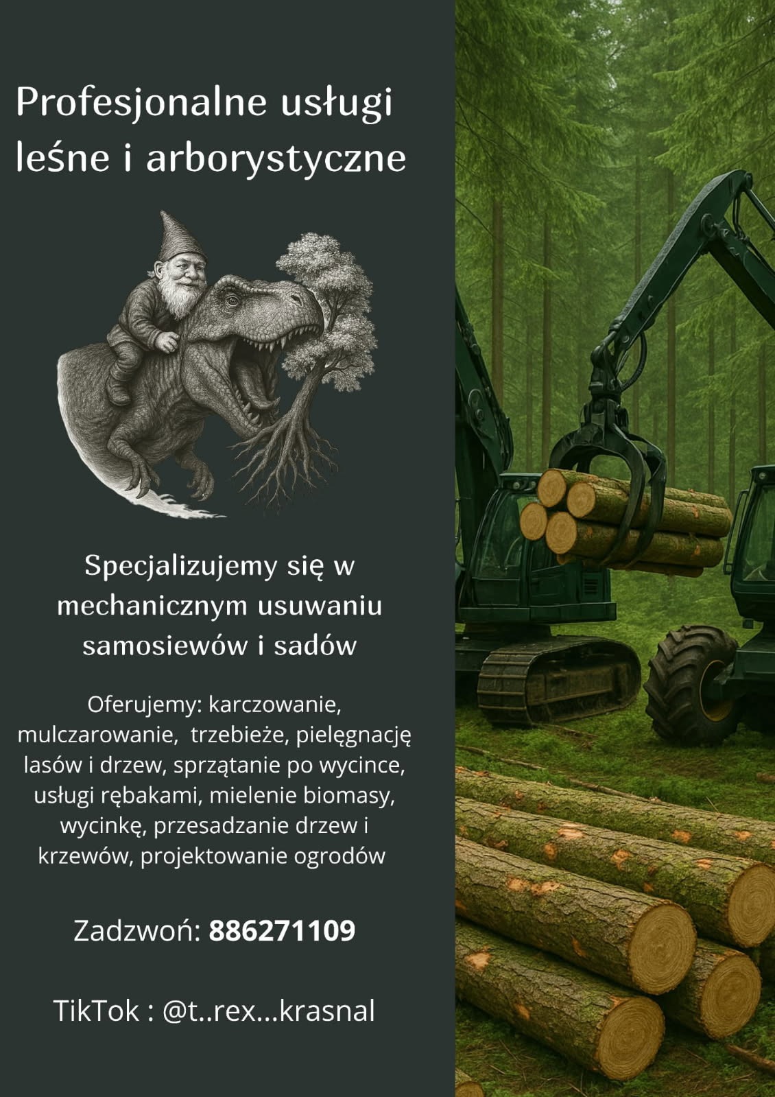 Grafika reklamowa usług leśnych i arborystycznych: maszyna do wycinki drzew i hasło „Specjalizujemy się w mechanicznym usuwaniu samosiewów i sadów”.