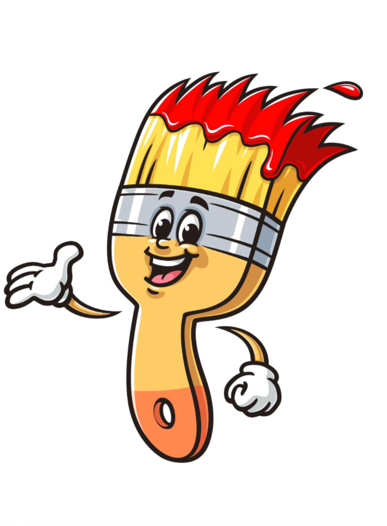 Uśmiechnięty pędzel z czerwoną farbą, stylizowany na postać z kreskówki, z rękami w białych rękawiczkach, na białym tle. Ilustracja.