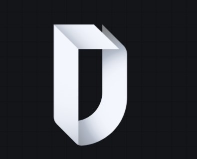 Grafika 3D litery 'D' w odcieniach bieli na ciemnym tle z subtelną siatką, sugerująca logo lub element identyfikacji wizualnej.