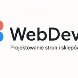 Logo firmy WebDevAI z kolorowym symbolem i napisem 'Projektowanie stron i sklepów online'. Minimalistyczny design na białym tle, nowoczesny styl.