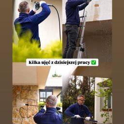 PPHU Eco&Clean Grzegorz Blat - Cztery kadry z mycia elewacji i kostki brukowej. Mężczyzna w okularach czyści elewację z drabiny i kostkę brukową lancą ciśnieniową. Widoczne efekty czyszczenia.