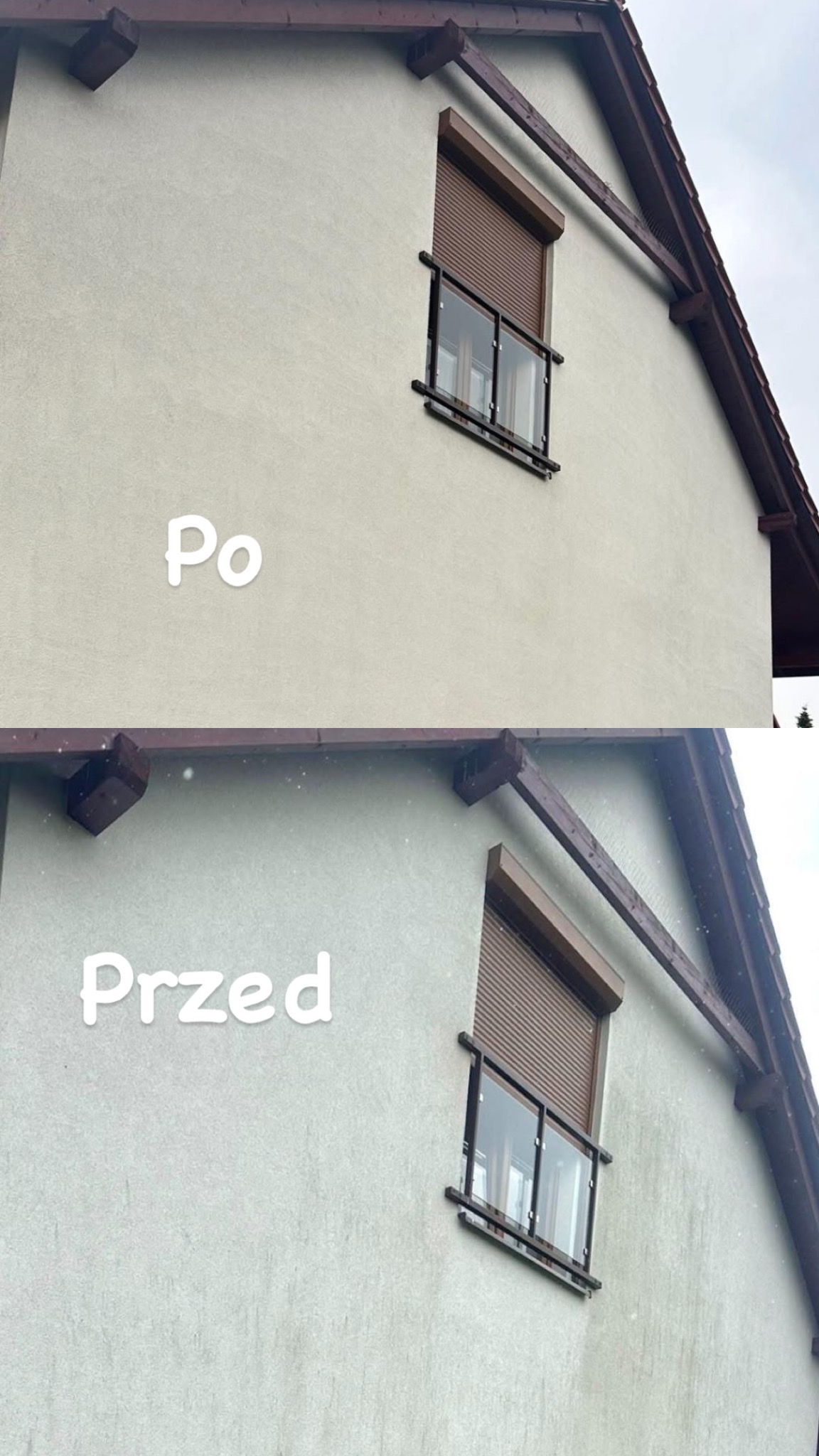 Elewacja domu przed i po czyszczeniu, widok na okno z roletą i balkonem. Porównanie stanu przed i po zabiegu, z wyraźną różnicą w czystości ściany.