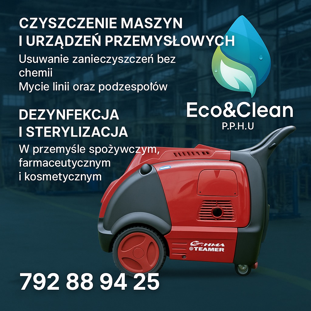Czerwona maszyna czyszcząca GHMA Teamer na tle hali przemysłowej, z tekstem o czyszczeniu i dezynfekcji maszyn przemysłowych oraz logo Eco&Clean i numerem telefonu.