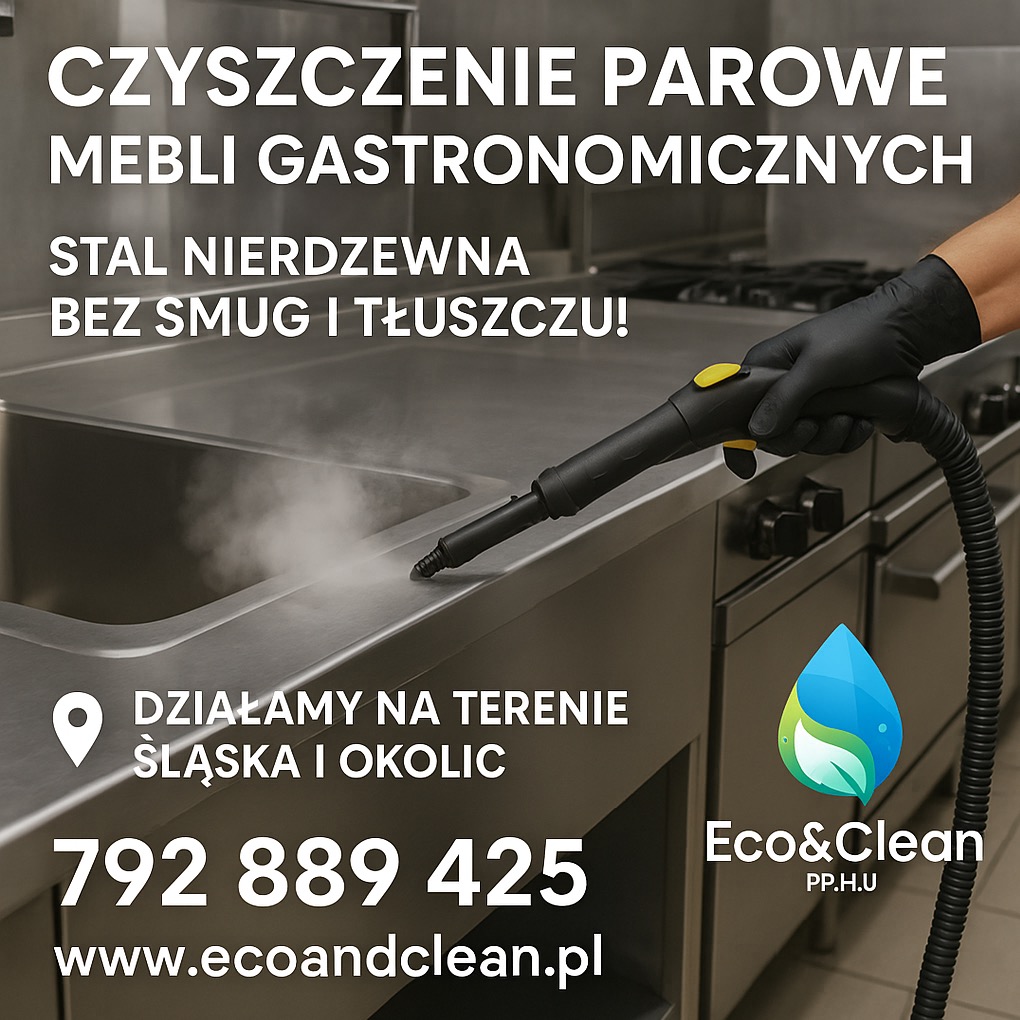Parowe czyszczenie stali nierdzewnej mebli gastronomicznych. Dysza parowa w dłoni w czarnej rękawicy, usuwająca zabrudzenia. Logo Eco&Clean w prawym dolnym rogu.
