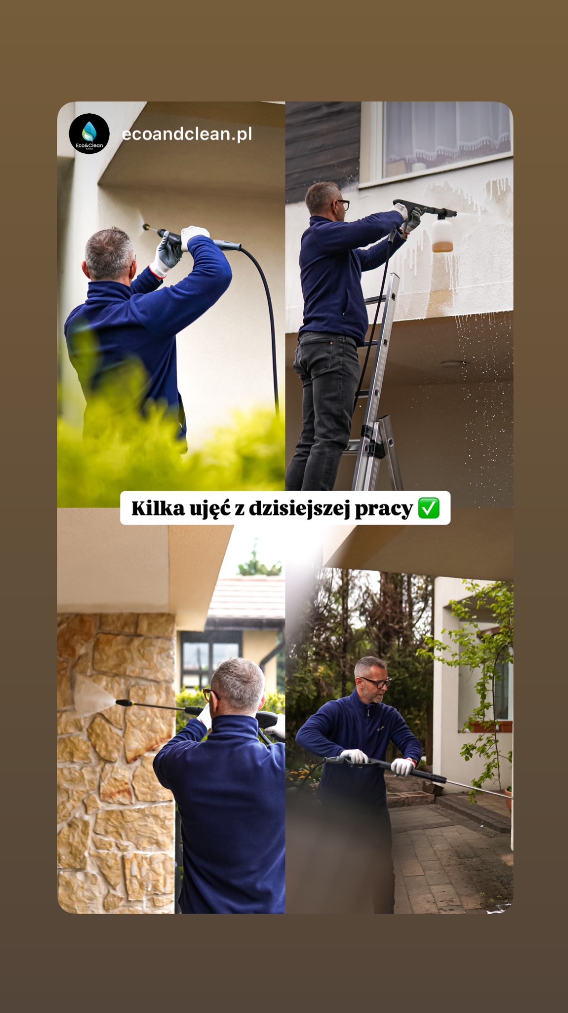 Cztery kadry z mycia elewacji i kostki brukowej. Mężczyzna w okularach czyści elewację z drabiny i kostkę brukową lancą ciśnieniową. Widoczne efekty czyszczenia.